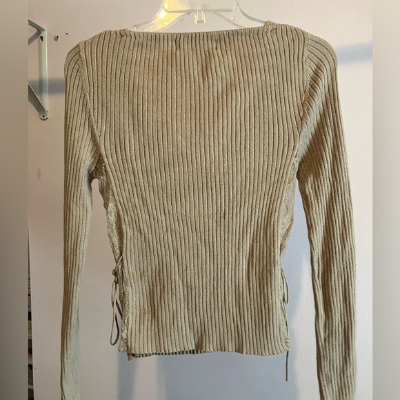 Great American Sweater Co. Women’s Pullover Ribbed Top, Medium, Tan, Lace Sides - Picture 2 of 6